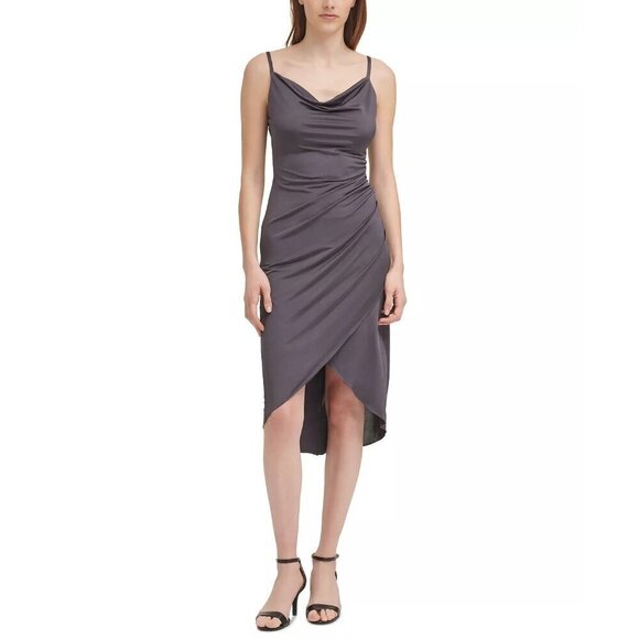 Guess Womens Size 14 Faux Wrap Cowlneck Slip Dress in Slate Gray Stretch $108 - Picture 1 of 8